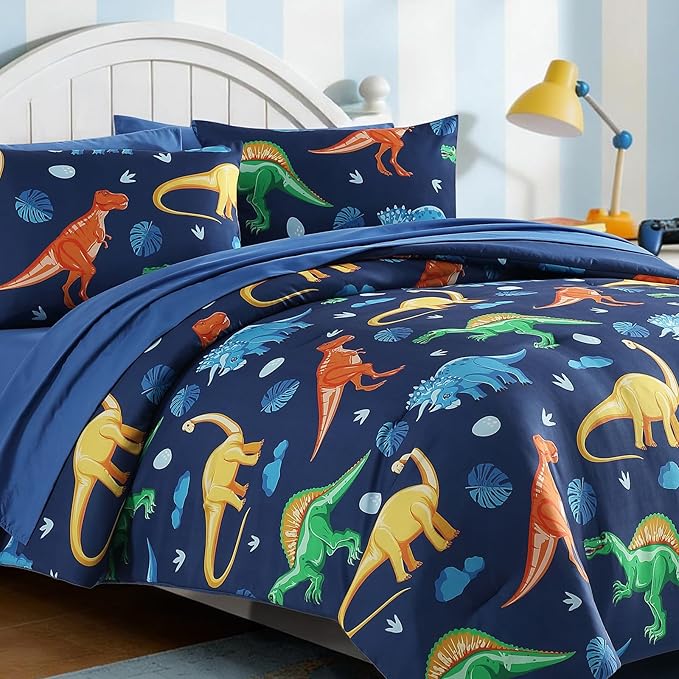 Twin Comforter Set for Boys Kids - 5 Pieces Navy Dinasour Patterns Twin Bedding Sets for Boys Teen, Soft Cozy Bed in A Bag with Sheets
