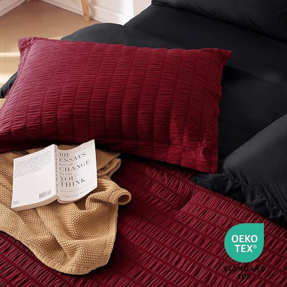 MUXHOMO 7 Pieces Queen Comforter Set, Seersucker Bed in a Bag Queen Size, All Season Luxury Bedding Set with Comforter, Flat Sheet, Fitted Sheet, Pillowcases & Shams, Red & Black