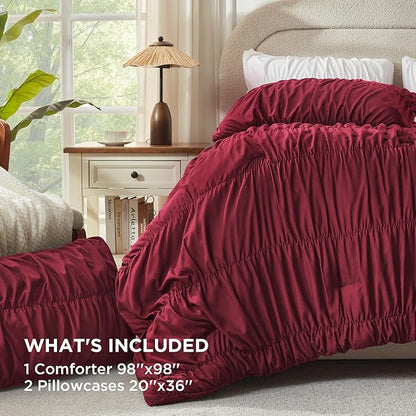 Andency Ruched Burgundy Oversized Queen Size Comforter Sets, Shabby Chic Pleated Bedding Sets 3 Pieces, Lightweight Soft Boho Ruffle Bed Set for Girls, Kids, Women, All Season