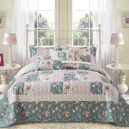 BEDIFANY French Style King Size Quilt Set for Farmhouse - 3 Pieces Cotton Filling Garden Lightweight Bedspreads King with Floral Pattern - All Season Quilt Bedding Sets for Decorations