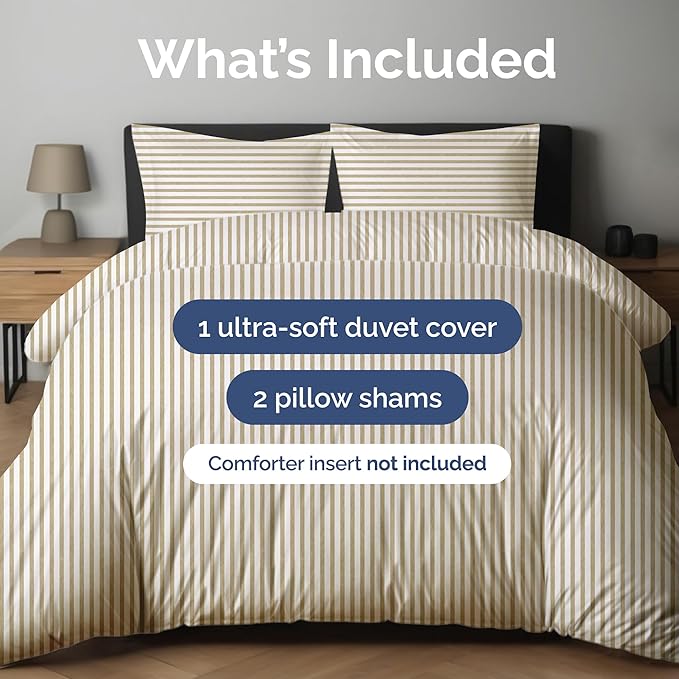 Duvet Cover Full Size Set - Extra Soft Full Duvet Cover 80" x 90" with 2 Pillow Shams - Hotel Luxury, Easy Care & Fade Free with Zipper Closures and Ties - Comfy, Cozy and Breathable (Beige Stripes)