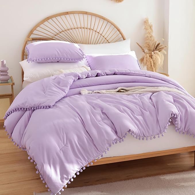 YIRDDEO Twin Comforter Set - Comforter Twin Size Bed with Ball Pom Fringe, Soft Bedding Set for All Seasons - 2 Pieces, 1 Comforter (66"x90") & 1 Pillow Sham(20"x26"), Lavender Purple