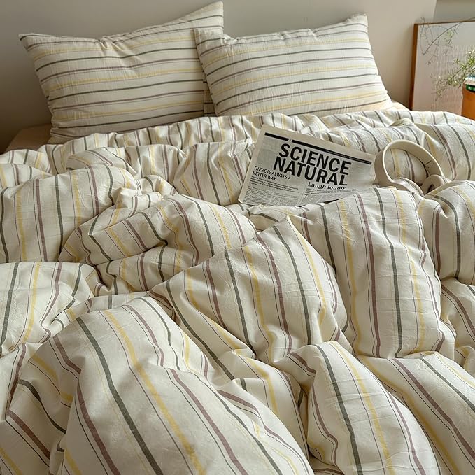 EAVD Retro Striped Duvet Cover Set Twin Size 100% Cotton Chic Stripes Printed Bedding Set with 2 Pillowcases Vintage Geometric Pattern Duvet Cover with Zipper Closure(Yellow&Green&Brown, Twin)
