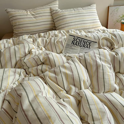EAVD Vintage Colorful Striped Comforter Set Queen Soft Cotton 3-Piece Retro Vertical Striped Bedding Set with 2 Pillowcases Boho Geometric Comforter Set for All-Season(Green&Yellow&Brown, Queen)