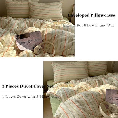EAVD Retro Striped Duvet Cover Set Twin Size 100% Cotton Vintage 3-Pieces Stripes Bedding Set with 2 Pillowcases Farmhouse Geometric Comforter Cover with Zipper Closure(Orange&Blue&Green, Twin)