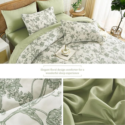 Luxudecor Floral King Comforter Set 7 Pieces Bed in a Bag, Sage Green Flower with Bird Bedding Set, Soft Reversible Comforter with Sheet Set 104"x90"