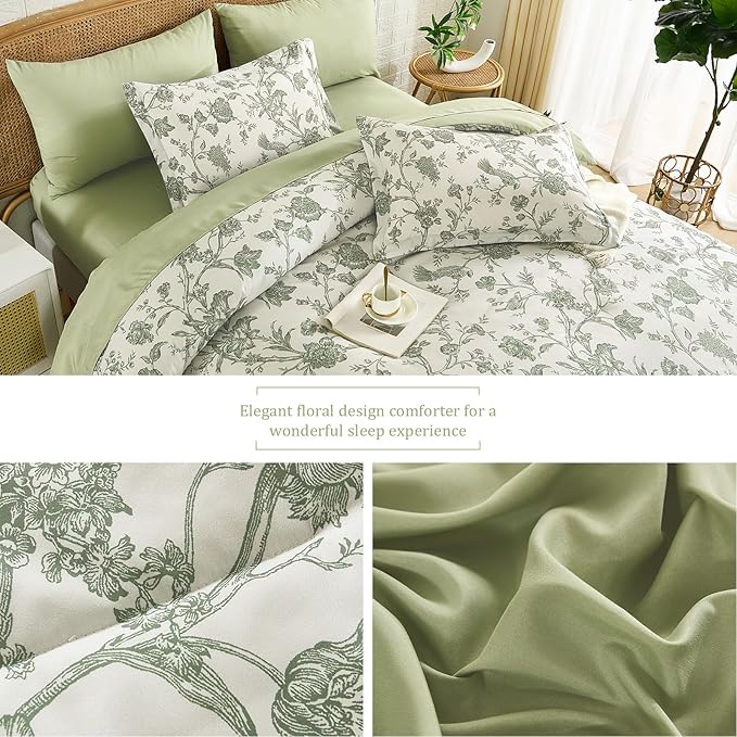 Luxudecor Floral Queen Comforter Set 7 Pieces Bed in a Bag, Sage Green Flower with Bird Bedding Set, Soft Reversible Comforter with Sheet Set 90"x90"