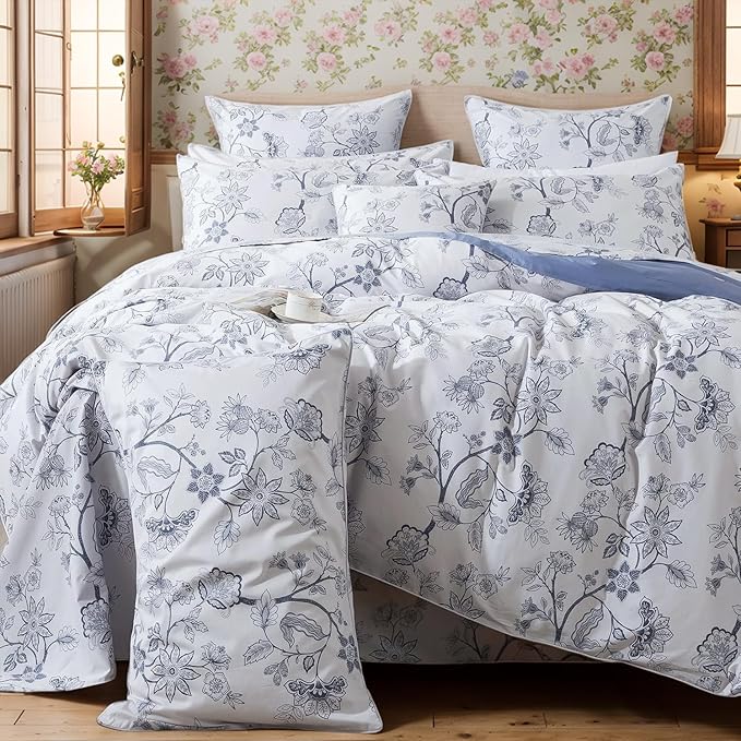 FADFAY Duvet Cover Set Full Floral Bedding Percale Cotton 600 TC Classical Toile Luxury Reversible Light Blue Shabby Vintage Farmhouse Bedding Minimalist Chic Comforter Cover Soft Breathable 3Pcs