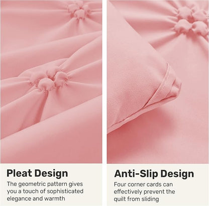 UNIKOME Queen Comforter Set Pink - Ultra Soft Boho Pintuck Down Alternative Bedding Set for All Seasons, 3 Pieces Lightweight Warm Pinch Pleat Bed Set with Comforter, 2 Pillowcases