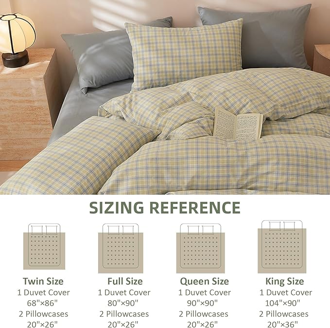 EAVD Modern Gingham Duvet Cover Full Soft Washed Cotton Yellow Blue Grid Plaid Bedding Set with 2 Pillowcases Farmhouse Reversible Plaid Checkered Duvet Cover with Zipper Closure