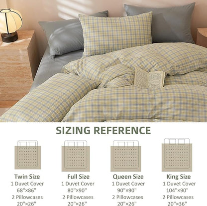 EAVD Modern Gingham Duvet Cover Queen Soft Washed Cotton Yellow Blue Grid Plaid Bedding Set with 2 Pillowcases Farmhouse Reversible Plaid Checkered Duvet Cover with Zipper Closure