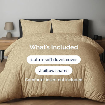 Duvet Cover Queen Size Set - Extra Soft Queen Duvet Cover 90" x 90" with 2 Pillow Shams - Hotel Luxury, Easy Care & Fade Free with Zipper Closures and Ties - Comfy, Cozy & Breathable (Heathered Tan)