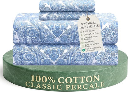 Feather & Stitch Softest 100% Cotton Sheets, 300 Thread Count Percale Weave Bedding, 16" Deep Pocket, Cooling Sheets, Breathable Bed Set, Hotel Premium Quality (Full, Blue Paisley)