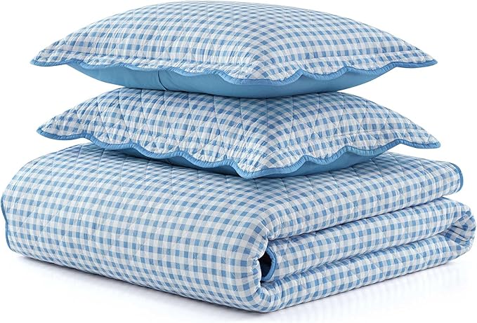 Martha Stewart - King Quilt Set, 100% Soft & Breathable Bedding with a Lightweight Feel for Year Round Comfort, 3 Piece Bed Set with Matching Pillowcases (Olivia Gingham Blue)
