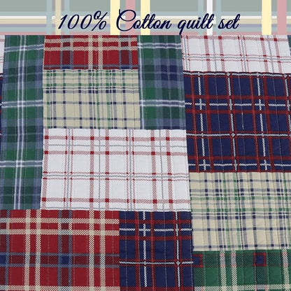 Cozy Line Home Fashions Nate Patchwork Quilt Set, Green Red Navy White 100% Cotton Reversible Coverlet Bedspread for Boy (Nate Patchwork, Queen - 3 Piece)