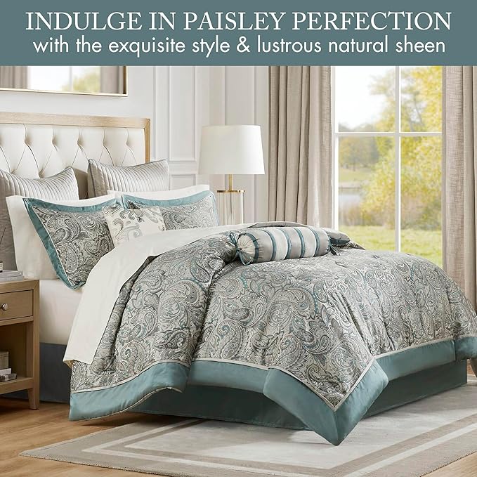 Madison Park Aubrey Cozy 12 Piece Comforter Set & Sheet, Luxe Faux Silk Jacquard Paisley Design - All Season Down Alternative Bedding with Cotton Bed Sheets, Bedskirt, Toss Pillows, Queen Teal