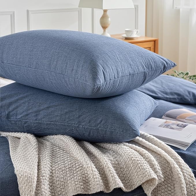 NEXHOME PRO Duvet Cover Full 100% Washed Cotton, Organic Natural Linen Like Textured, Breathable, Durable, Home Bedding Set, Heathered Blue 8090