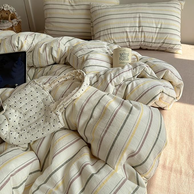 EAVD Vintage Colorful Striped Comforter Set Twin XL Soft Cotton 3-Piece Retro Vertical Striped Bedding Set with 2 Pillowcases Boho Geometric Comforter Set for All-Season(Green&Yellow&Brown, Twin XL)