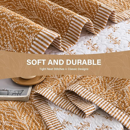 SahSahCasa Quilt Set Queen Size, 100% Cotton Quilt Bedding Set Bedspread, Botanical Pattern Solid Color Chic Lightweight Quilted Comforter for Queen Bed, White/Caramel, All Season, 3 Pieces