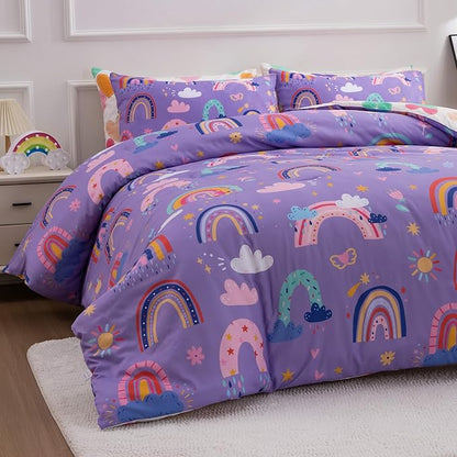 Btargot Lightweight Soft 3 Piece Rainbow Comforter Set with 2 Pillow Covers, Cartoon Love Hearts Flowers and Sun Star Bedding Set for Girls Boys Kids, Full Dark Purple