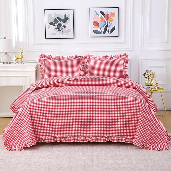 Red White Ruffle Gingham Quilt Set Queen Size with 2 Pillow Shams, 100% Washed Cotton Yarn-Dyed Quited Bedspread Farmhouse Bedding Set (Red, Queen)