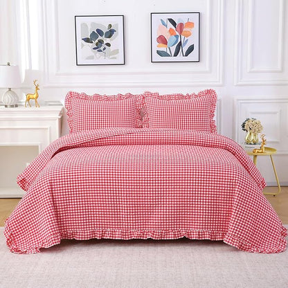 Red White Ruffle Gingham Quilt Set Queen Size with 2 Pillow Shams, 100% Washed Cotton Yarn-Dyed Quited Bedspread Farmhouse Bedding Set (Red, Queen)