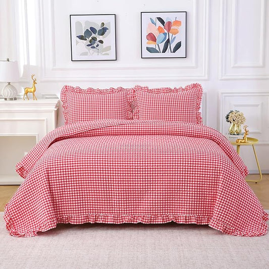 Red White Ruffle Gingham Quilt Set Queen Size with 2 Pillow Shams, 100% Washed Cotton Yarn-Dyed Quited Bedspread Farmhouse Bedding Set (Red, Queen)