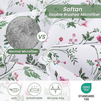 Softan Vintage King Bed Sheets, Cozy Microfiber Flower Printed Sheets with 15" Deep Pocket Fitted Sheet & Non-Slip Straps, Patterned Botanical Wildflower Sheets & Pillowcase Set