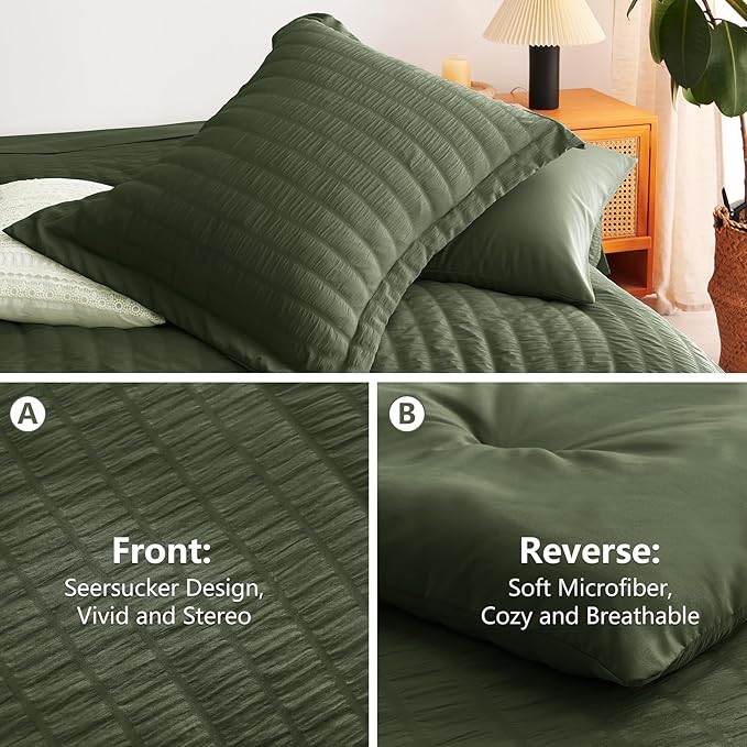 CozyLux Twin Comforter Set with Sheets 5 Pieces, Olive Green Seersucker Textured Bed in a Bag, Luxury Soft Bedding Sets with Down Alternative Comforter, Sheets, Pillowcase & Sham for All Seasons