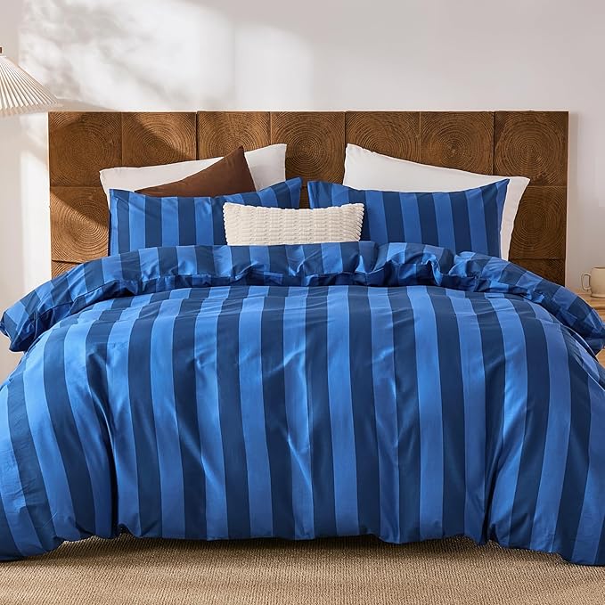 Merryword Blue Striped Duvet Cover Set King Size, 100% Natural Cotton Linen Like Duvet Cover Set with Zipper Closure & 8 Corner Ties, Dark Blue Soft Reversible Bedding for All Seasons