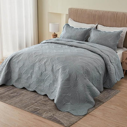 Kingnex Exta Wide Oversized King Bedspreads 128x120 for Tall King or Cal King Bed Ultrasonic Quilted Coverlet Set 3 Piece Include 1 Quilt 2 Pillowcases Grey