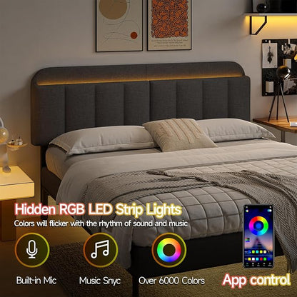 Adjustable Headboard for King/California King Size Bed Frame, Linen Fabric Bed Headboard with Storage & RGB LED Light in Modern Vertical Channel Design, Dark Grey