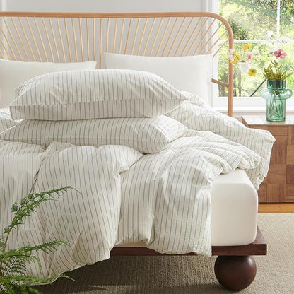Nayoroom Striped Duvet Cover Queen Size 100% Washed Cotton White Brown Stripe Duvet Cover 3 Pieces Soft Breathable Girls Dorm Bedding Set for All Seasons, Yarn Dyed Process