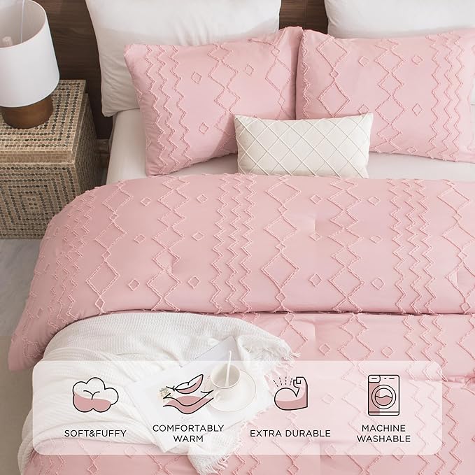 Andency Pink Tufted Comforter Set Queen(90x90Inch), 3 Pieces(1 Boho Comforter, 2 Pillowcases) Textured Farmhouse, Soft Microfiber Down Alternative Geometric Bedding Set