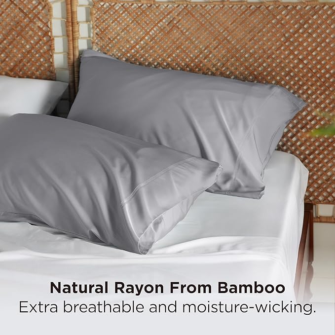 Bedsure King Size Pillow Cases Set of 2, Cooling Pillow Cases King, Rayon Derived from Bamboo Silver Grey Pillowcases, PureWoven Silky Soft Bedding Pillow Cover with Envelope Closure, 20x36 Inches