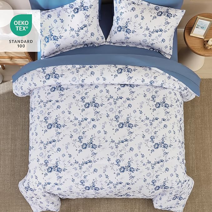 Luxudecor Floral Queen Comforter Set 7 Pieces Bed in a Bag, Blue Rose Romantic Flower Bed Set, Soft Reversible Comforter with Sheet Set 90"x90"