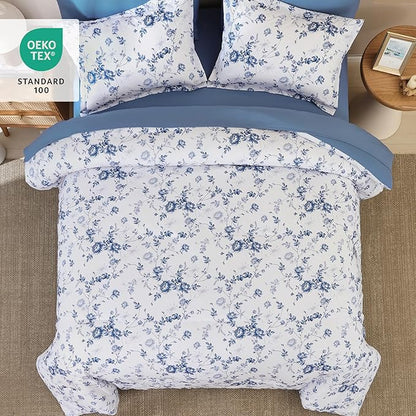 Luxudecor Floral King Comforter Set 7 Pieces Bed in a Bag, Blue Rose Romantic Flower Bed Set, Soft Reversible Comforter with Sheet Set 104"x90"