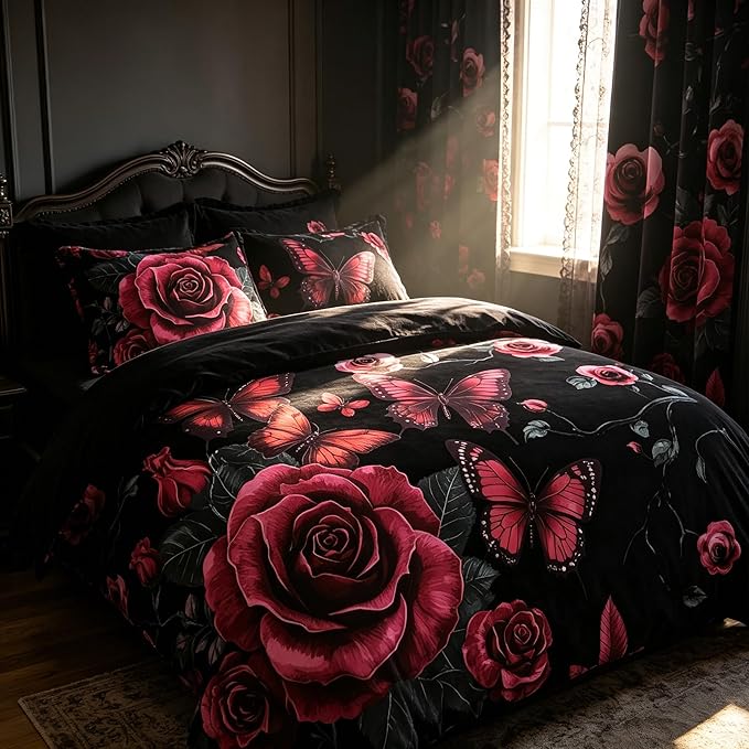 Black Vintage Floral Comforter Set King Size, Black Red Floral Bedding Set for Gothic Bedroom Decor, 3 Pieces Soft Microfiber Lightweight Comforter Set with 2 Pillowcases, 90"x104"