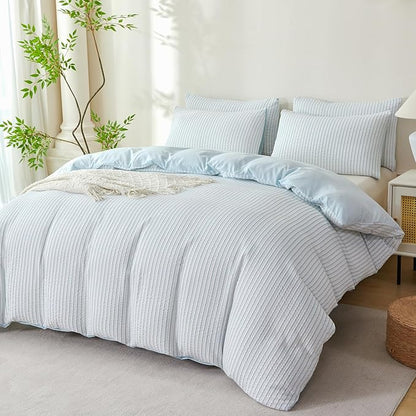 Comforter King Set Light Blue Striped Soft Luxury Washed Microfiber Jacquard 3 Pieces Bedding, Light Blue Vertical Ticking Stripes Pattern Comforter with 2 Pillowcases Breathable Durable Comfy