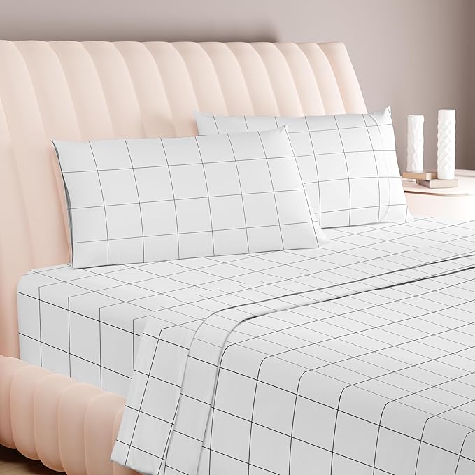 Carressa Linen Luxury Egyptian Cotton California King Printed Sheet Set - 600 Thread Count Extra Long Staple 4 PC Set, Window Pane Cal King Printed Sheets, Soft, Cooling Sheets Upto 18 in Deep Pocket
