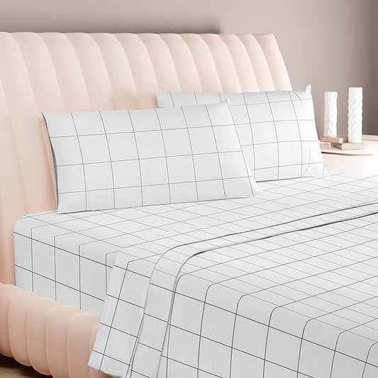 Carressa Linen Luxury Egyptian Cotton California King Printed Sheet Set - 600 Thread Count Extra Long Staple 4 PC Set, Window Pane Cal King Printed Sheets, Soft, Cooling Sheets Upto 18 in Deep Pocket