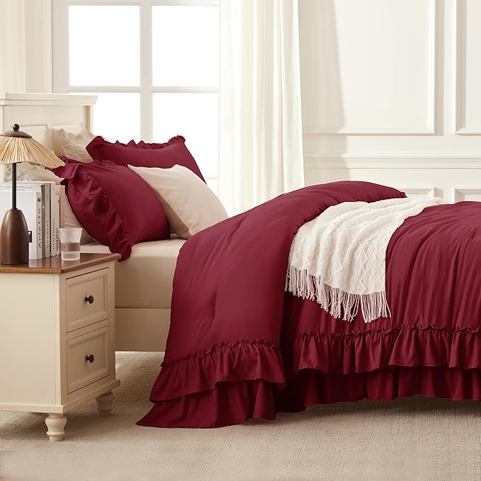 Andency Burgundy California King Comforter Set, 3 Pieces Lightweight Fluffy Farmhouse Shabby Chic Bedding Comforter Sets, Soft Polyester All Season Cal King Bed Sets(104x96Inch)