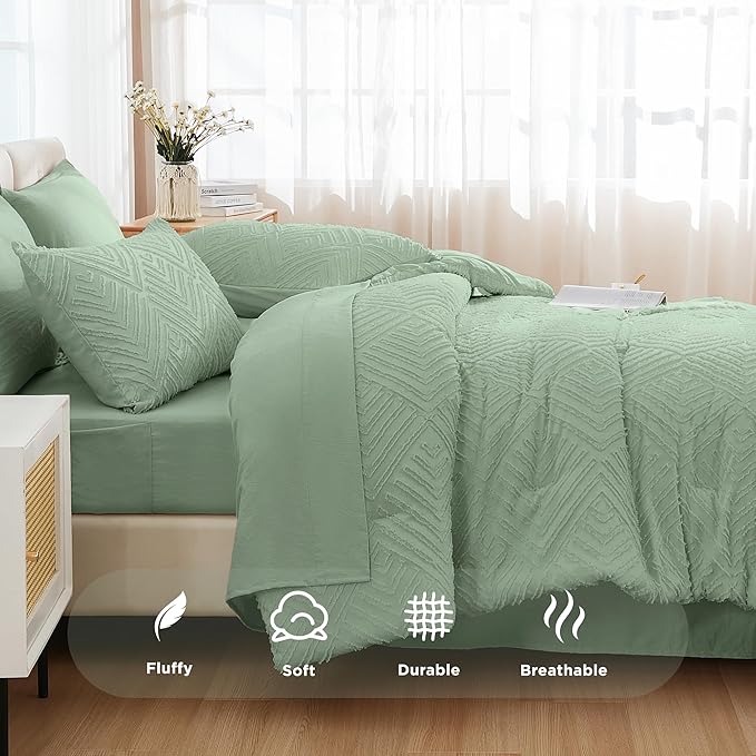 Andency Super King Plus Comforter Set Sage Green - 7 Pieces Bed in a Bag Oversized King Bedding Sets, Boho Tufted Lightweight Fluffy Bed Set with Comforter, Sheets, Pillowcases & Shams