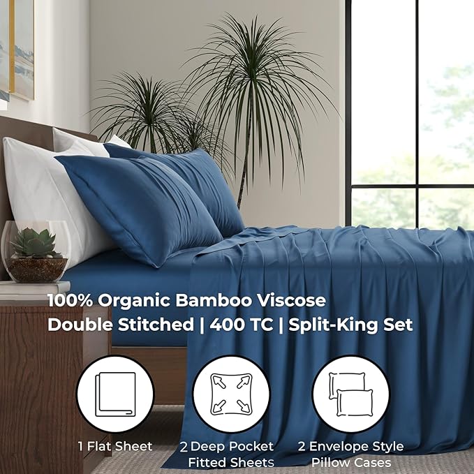 | Split King Size Sheet Set | 2 Fitted Sheets for Sleep Number & Adjustable Beds | Organically Grown | Ultra Soft & Cooling |100% Viscose | 17" Deep Pocket [Midnight Blue]