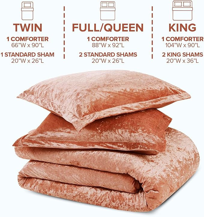Comfort Spaces Luxe Velvet Comforter Set - King Size, Microfiber Reverse, Juliette, All Season, Fluffy Bed Set, Sham, Burnt Orange 3 Piece