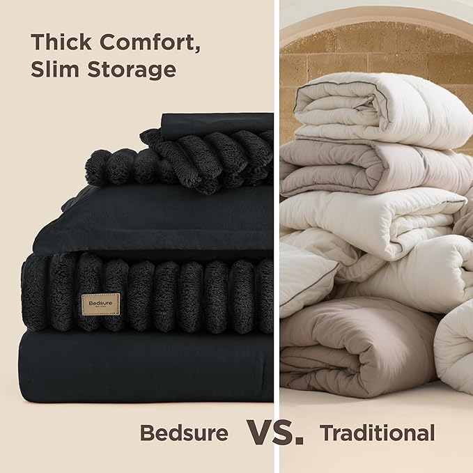 Bedsure Gentlesoft™ 2-in-1 Queen Comforter Set and Detachable Fluffy Blanket, Black Bedding Set for All Season Use, SnapTech™ Design for Space Saving (Includes 2 Pillow Shams, 2 Pillowcases)