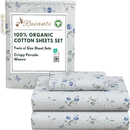 RUVANTI 100% Organic Cotton Sheets Twin XL, Percale Weave, GOTS Certified, 3-Piece Set, Deep Pocket 15", Crisp & Breathable, Soft Durable Bedding, Sábanas Algodón Orgánico – Butter Flight