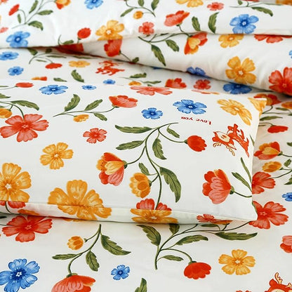 SDIII Reindeer and Floral Comforter Set Twin 3 Pieces, Soft Microfiber Vintage Floral Comforter Twin Size, Yellow Flower Bedding All Season