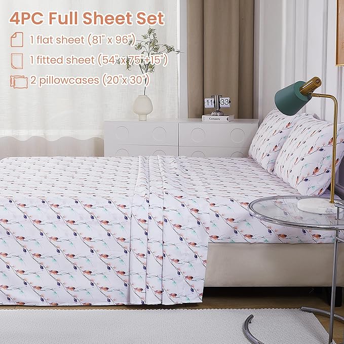 Softan Floral Full Sheet Set, Cozy Microfiber Pastel Blooms Printed Fitted Bed Sheet with 15" Deep Pockets & Non-Slip Straps, Feather Patterned Sheets & Pillowcase Set