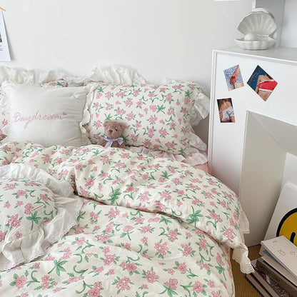 HighBuy White Lace Comforter Set Queen Pink Floral Bedding Set Ruffled Lace Comforter with 2 Ruffle Pillowcases Coquette Cottagecore Comforter Sets for Women Girls,Quilted,Cozy Soft